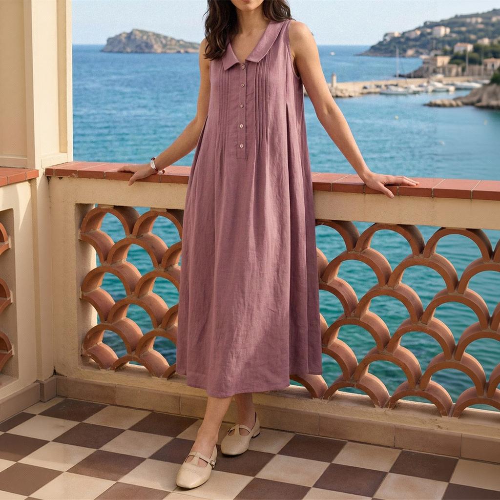 Women's Fashion Color Collar Sleeveless Pleated Dress