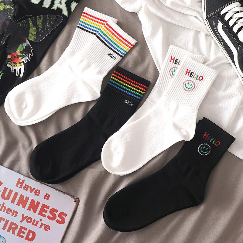 Women's Korean Trendy Cartoon Long Sports Socks - Black & White, Mid-Tube, Autumn/Winter, All-Match.