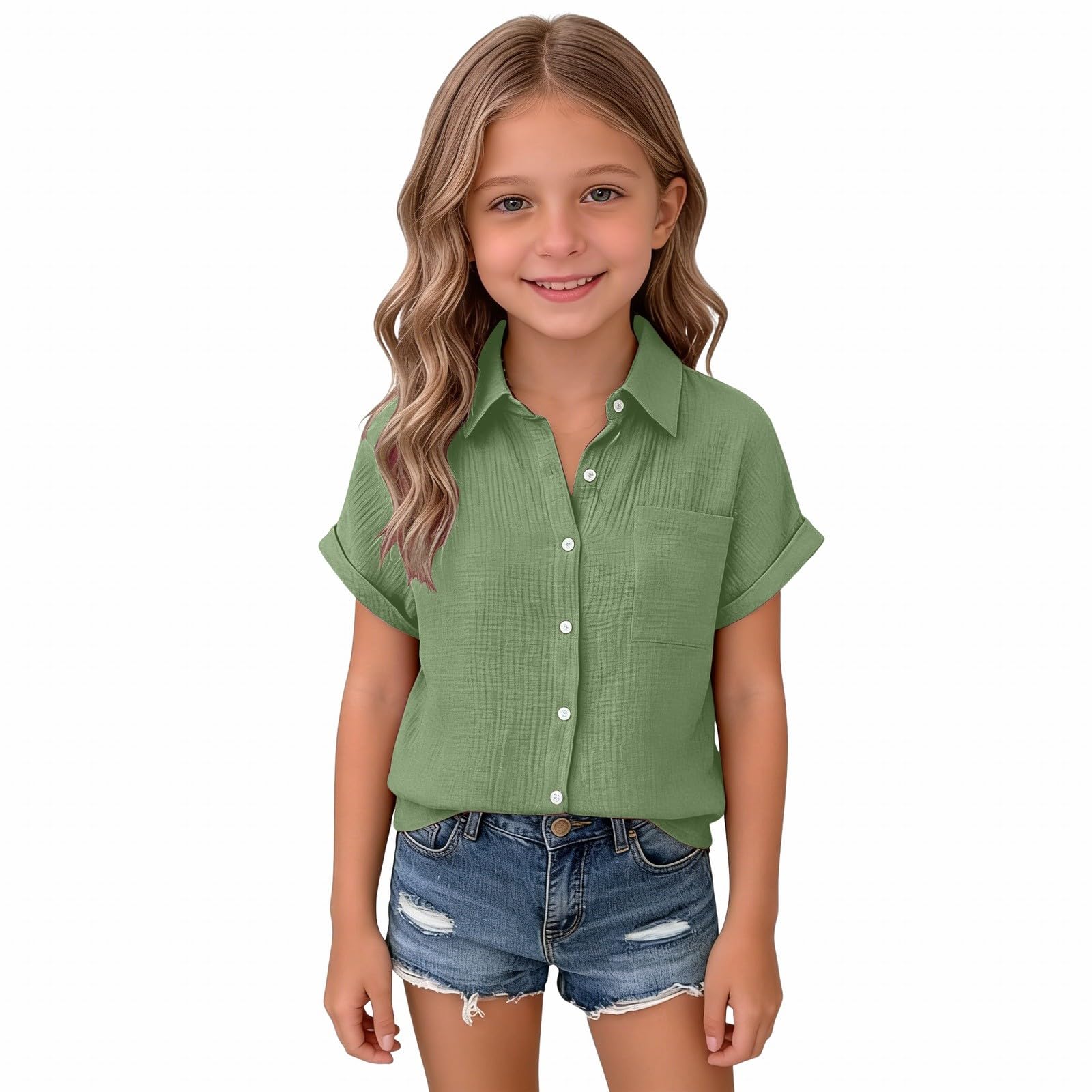 Girls  Linen V-Neck Short-Sleeve Shirt Summer Lightweight Beach Top 110