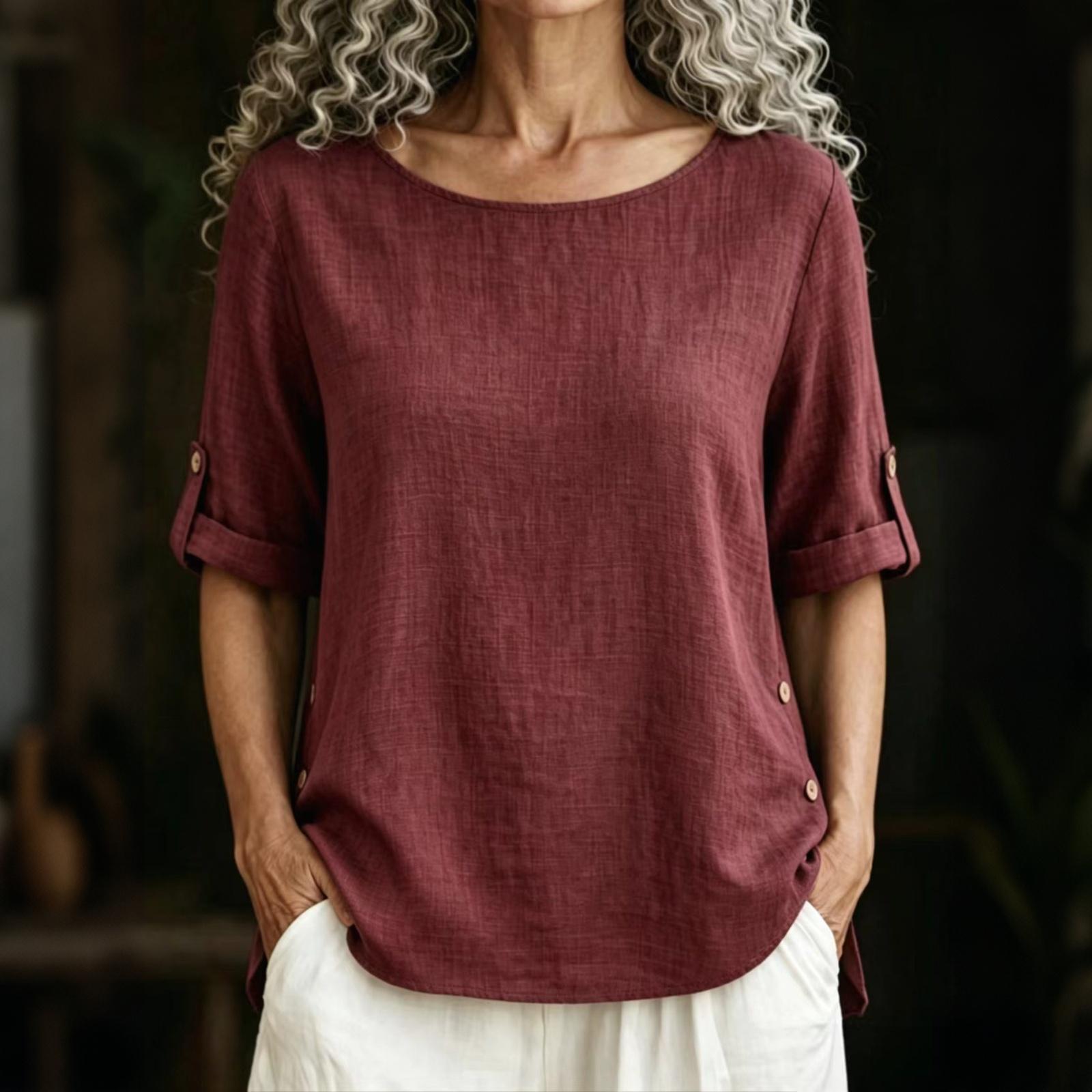 

Women Cotton Linen Crew Neck Half Sleeve T Shirt Casual Loose Fit Button Detail Pullover Top for Daily Wear S винний