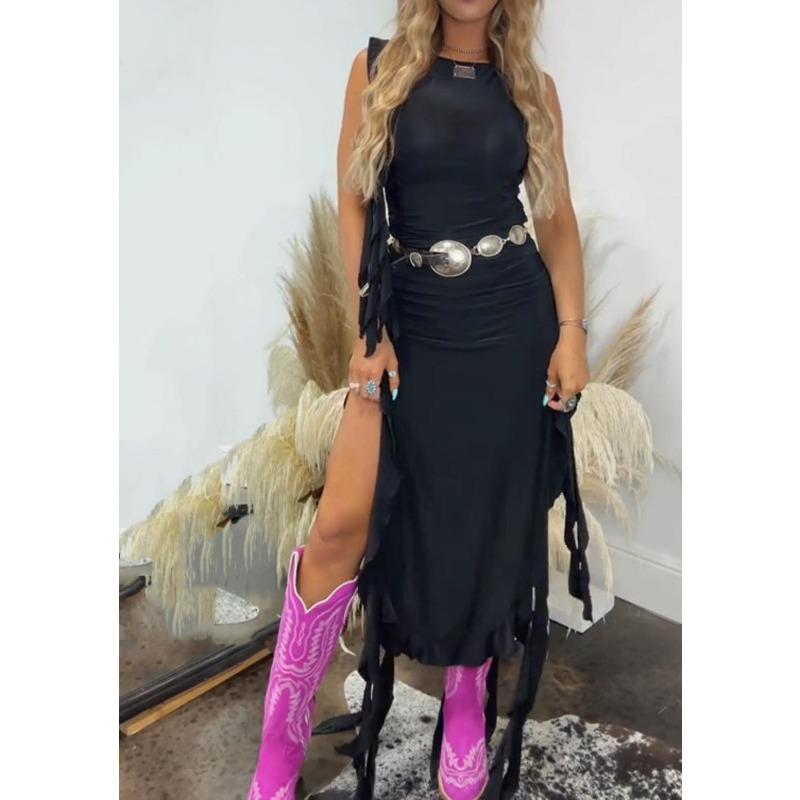 DAFIFY Women's Fashion Summer Spring Solid Color Print Sleeveless O-Neck High Waist Casual Dresses