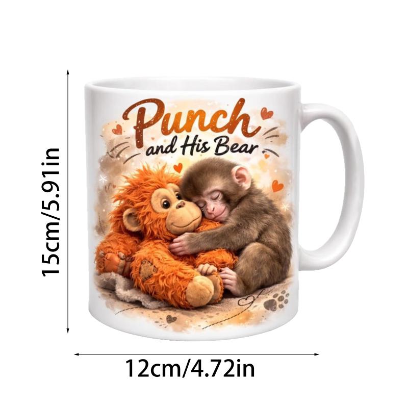 

Punch and His Bear Cute Monkey Coffee Mug, 11oz Novelty Ceramic Cup for Animal Lovers 350ML