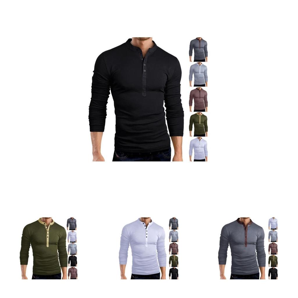 Premium Quality T-shirt Men Fashion Button Front Long Sleeve V-neck Solid Casual Slim Fit