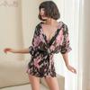 Yiyue Sexy Underwear Sexy Pajamas Temptation Japanese Chiffon Printed Cardigan Kimono Perspective Nightgown Set 8111