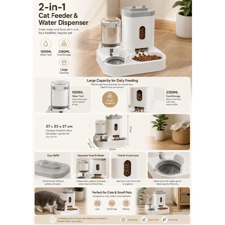 Auto Dog Cat Feeder with Water Dispenser, Gravity 2-in-1 Food & Water Station for Puppy Kitten
