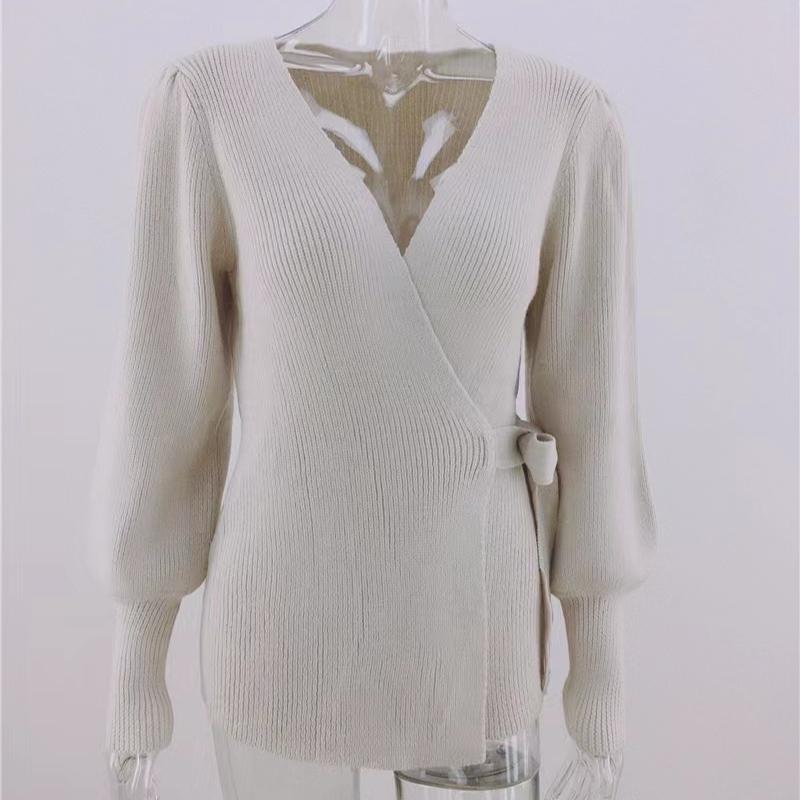 IHUASU Autumn and Winter Tie Temperament Commuter V-neck Jumper Women's Loose Large Size Fashion Knitted Cardigan