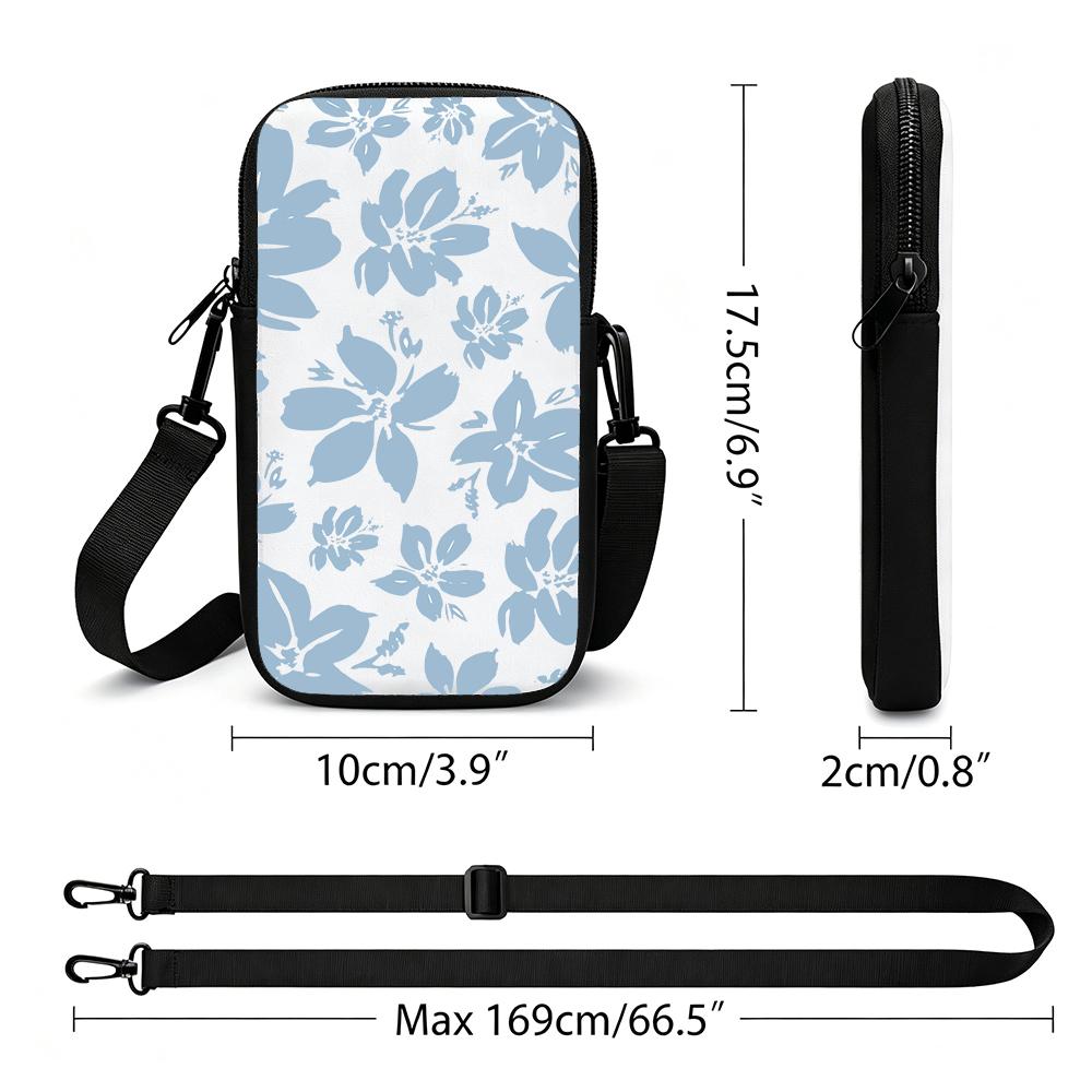 Vintage Blue Floral Print Crossbody Phone Bag, Adjustable Shoulder Strap Small Pouch, Lightweight Mini Purse for Women Christmas Party Gift