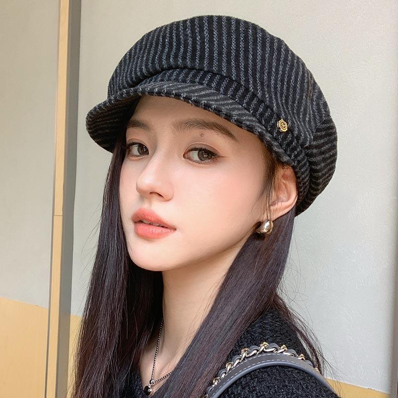 Literary striped beret female spring and autumn face small octagonal hat newsboy hat retro versatile painter hat tide