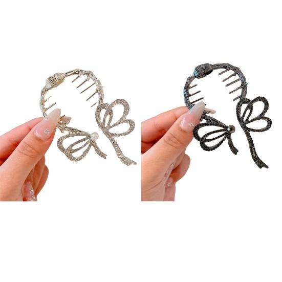 Pince à cheveux élégante incrustée de strass, en forme de nœud papillon, fausse perle, support pour queue de cheval, dents antidérapantes, arrière de la tête, griffe de cheveux, couvre-chef