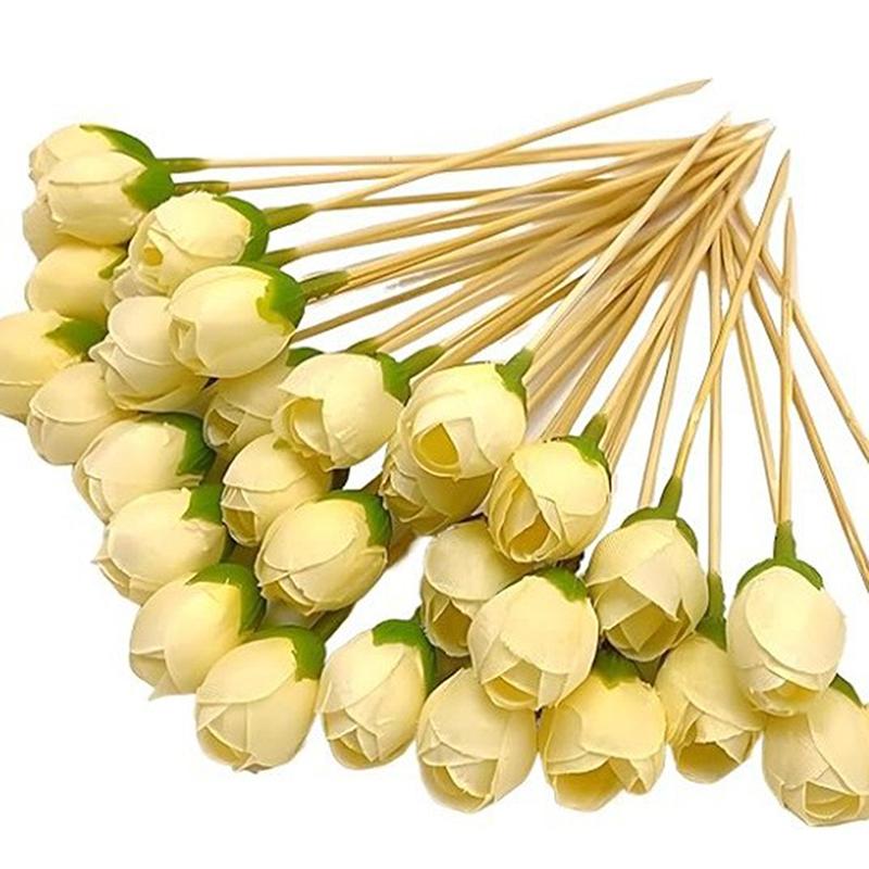10Pcs Flower Bamboo Sticks Cake Topper Tulip Pod Cocktail Picks For Appetizers Fruit Sticks For Wedding Birthday Dessert Decor