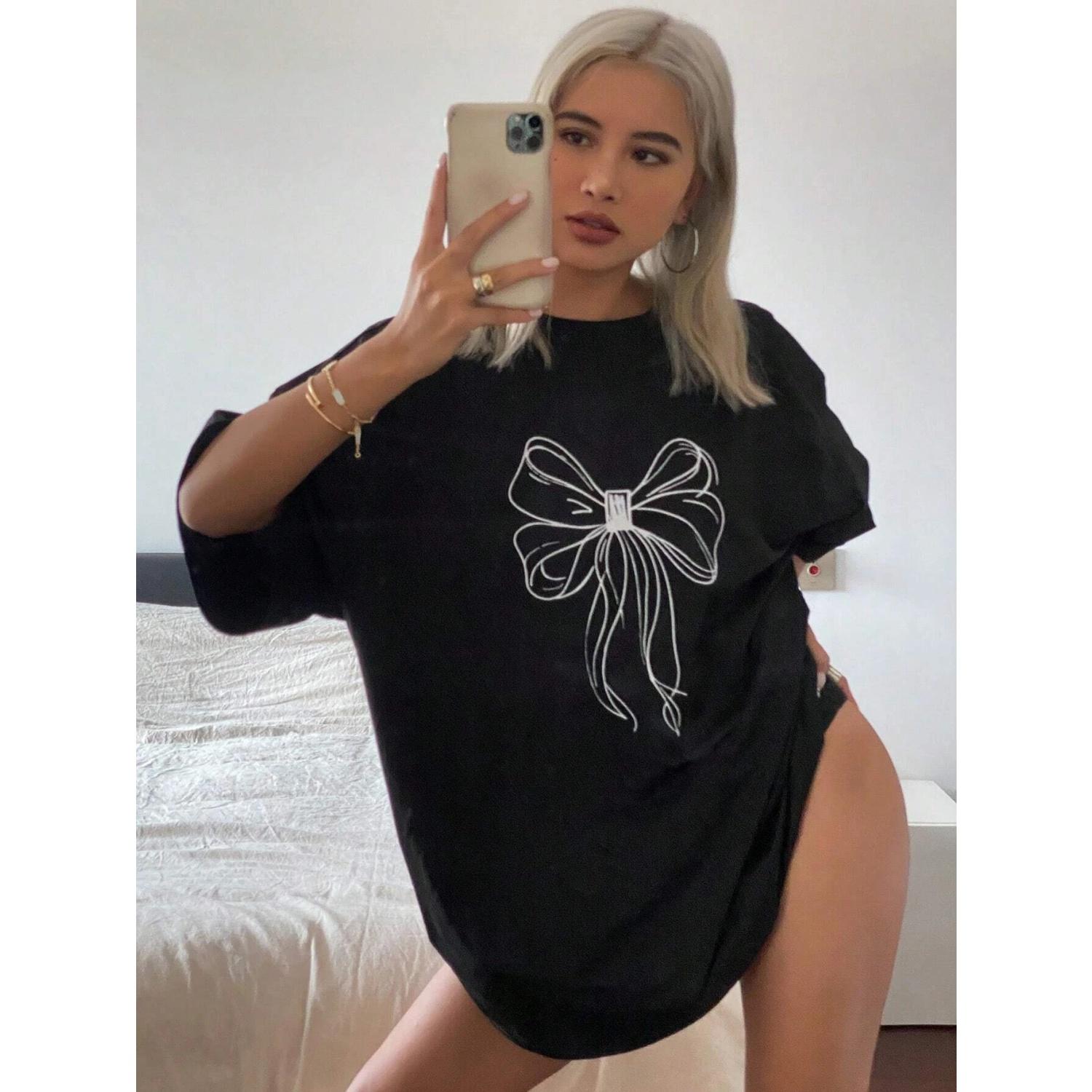 

Spring Summer Women s Bowknot Pattern Graphic T-Shirt Casual Vacation Style Print Soft Round Neck Short Sleeve S чёрный
