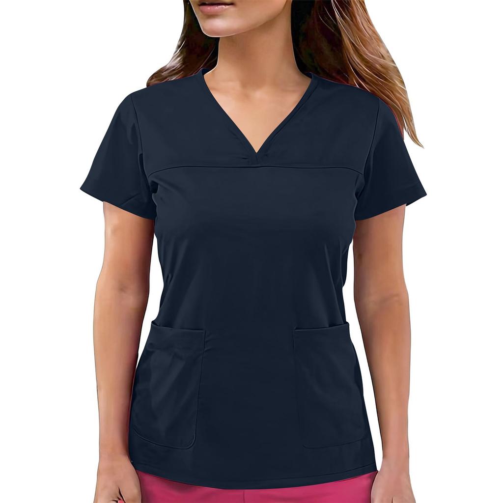 Top de uniforme de cuidador de manga corta con cuello en V de color para mujer con bolsillos de color