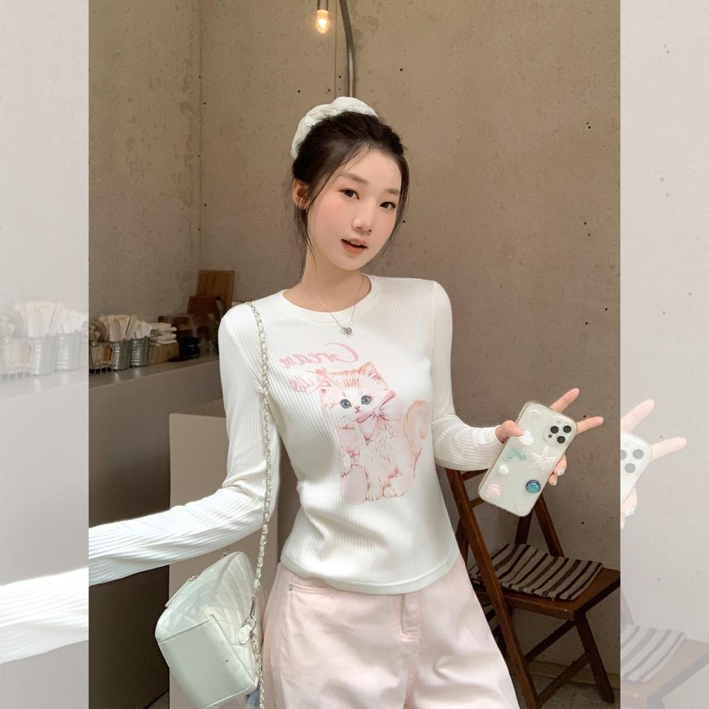 Cat Print Design Sense, White Base, Front Shoulder, Long-sleeved T-shirt, Women's Early Autumn New Slim 