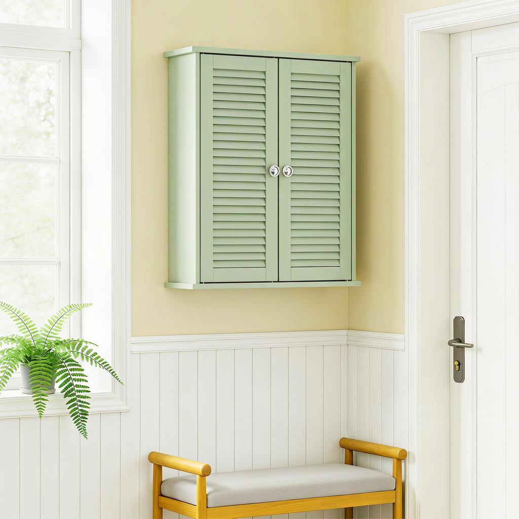 Bathroom Wall Cabinet, Hanging Storage Unit, 2 Louvered Doors, Adjustable Shelf, Green