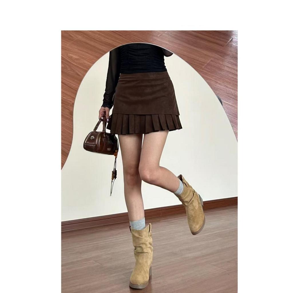 Autumn/Winter High-End Suede Pleated Coffee A-Line Short Skirt for Plus Size Women