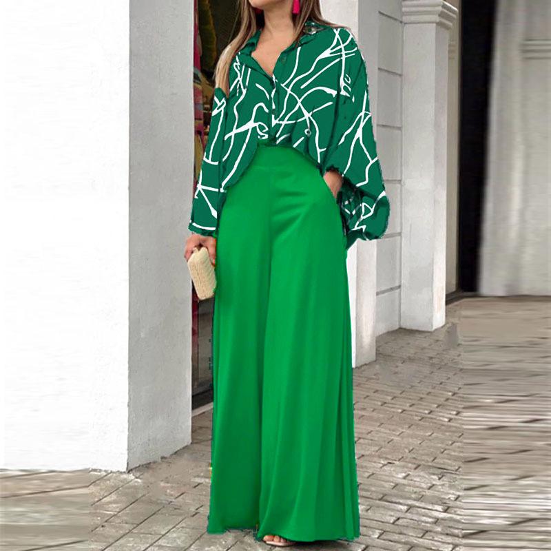 Elegant European & American Women's Printed Shirt & Wide-Leg Pants Set