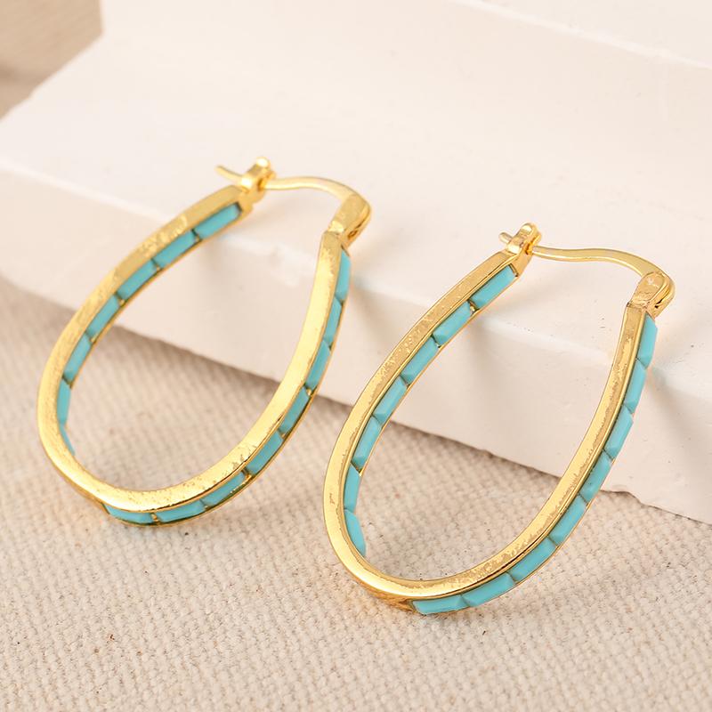 Vintage Simple Synthetic Turquoise U Shaped Golden Plated Hoop Earrings for Women's Bohemian Style Vacation Jewelry Accessories