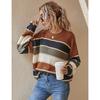 Women's Crew Neck Long Sleeve Knit Sweater Loose Fit Lazy Style Color Block Striped Pullover Top