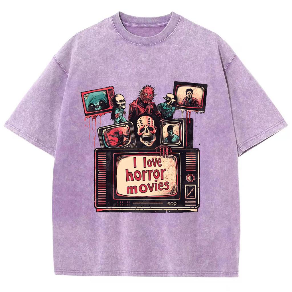 Horror Movie Style Cartoon Print T-Shirt Oversized Elastic Short Sleeves Comfortable Breathable Design Funny Top