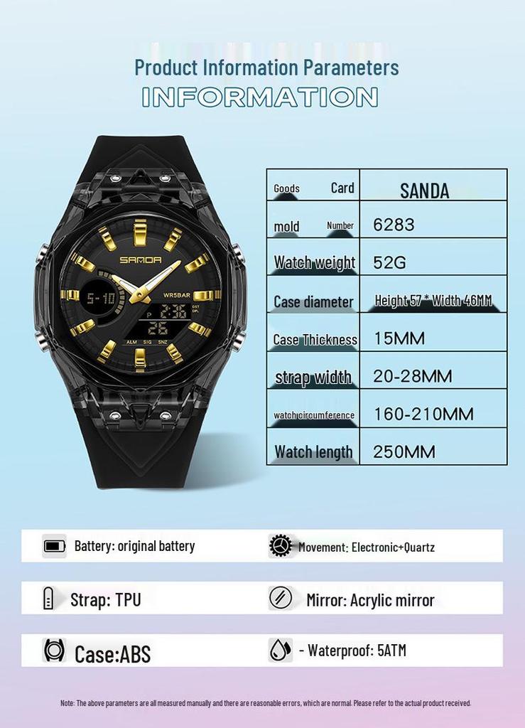 Sanda Dual Display Multifunction Fashion Wristwatch with Colorful Transparent Case for Youthful Korean Style