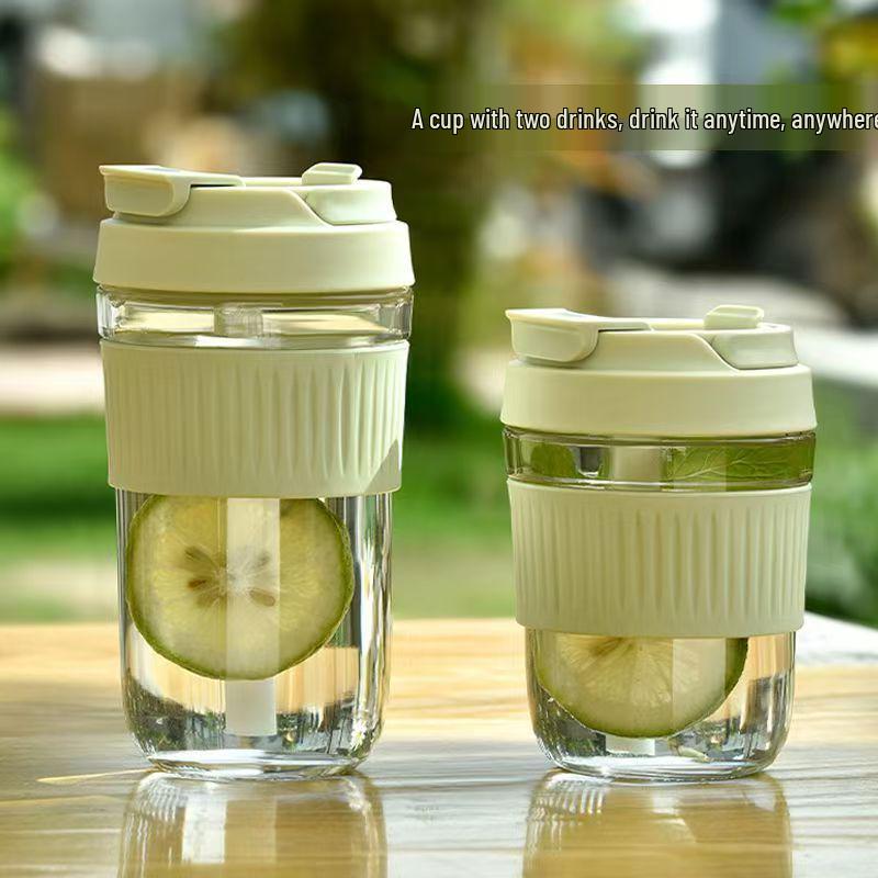 High-Capacity Portable Straw Double-Drink Glass Cup for Home or Office Events 350ml Pink Double-Drink