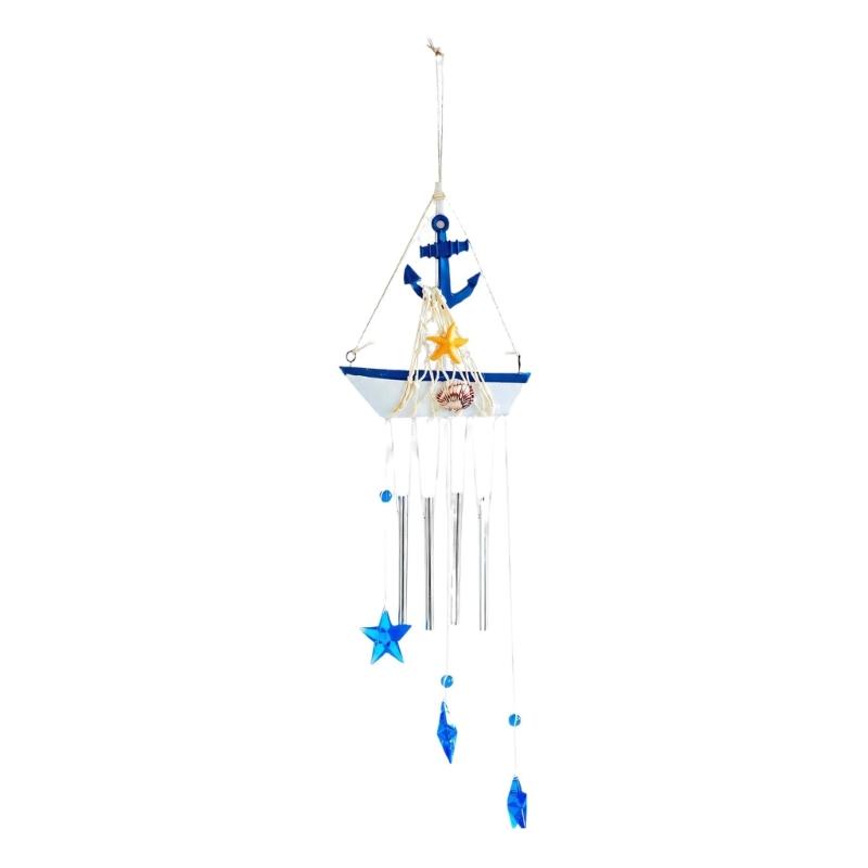 Coastal Wind Chimes with Blue and White Sailboats, Carving and Painted Detail, and Metal Tube, Star Pendants for Entryway Decors