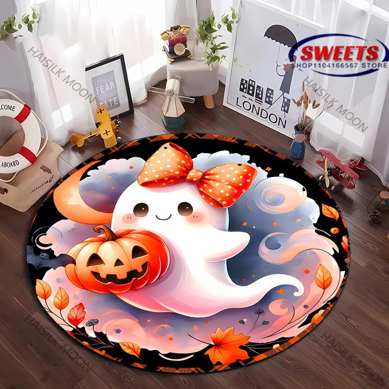 

1PC Halloween Pumpkin Bat Cute Ghost Print Round Rug Living Room Bedroom Decor Indoor Floor Mat Decorative Rug for Teens Adult Diameter -60cm
