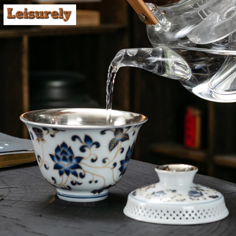 160ml Handamde Gilded Silver Gaiwan Jingdezhen Blue And White Porcelain  Tea Tureen Tea Maker Cover Bowl Teaware Collection Gift