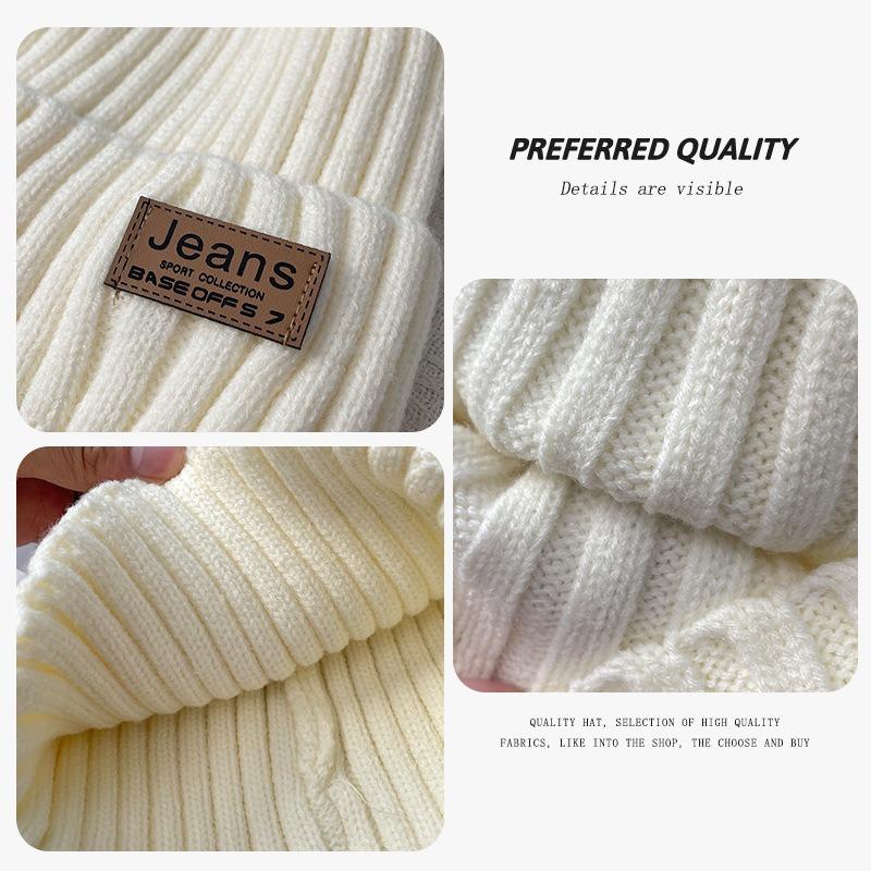 Coarse thread knitted hat children autumn and winter leather label letter wool hat big head circumference warm ear protection cold hat men