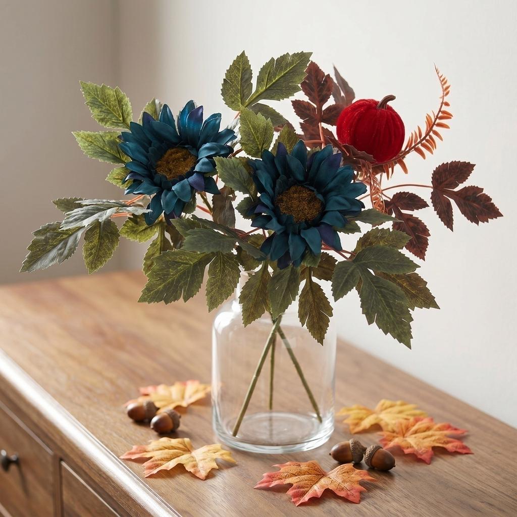 2pc Artificial Harvest Pumpkin and Leaf Stems Set Faux Floral Arrangement for Thanksgiving Fall Autumn Seasonal Decoration