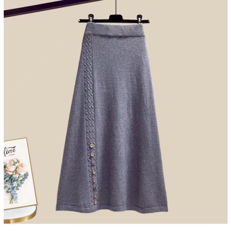 Zweiteiliges Set im koreanischen Stil für Frauen, grüne Pulloverjacke und Rock, Winteroutfit