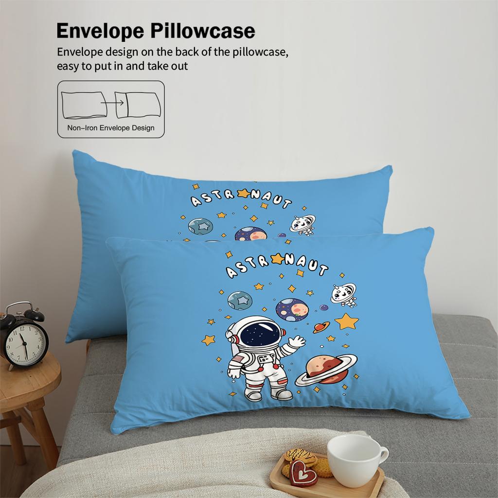 3-piece down duvet cover with blue cartoon astronaut pattern print (1 duvet cover+2 pillowcases, no core) bedding set