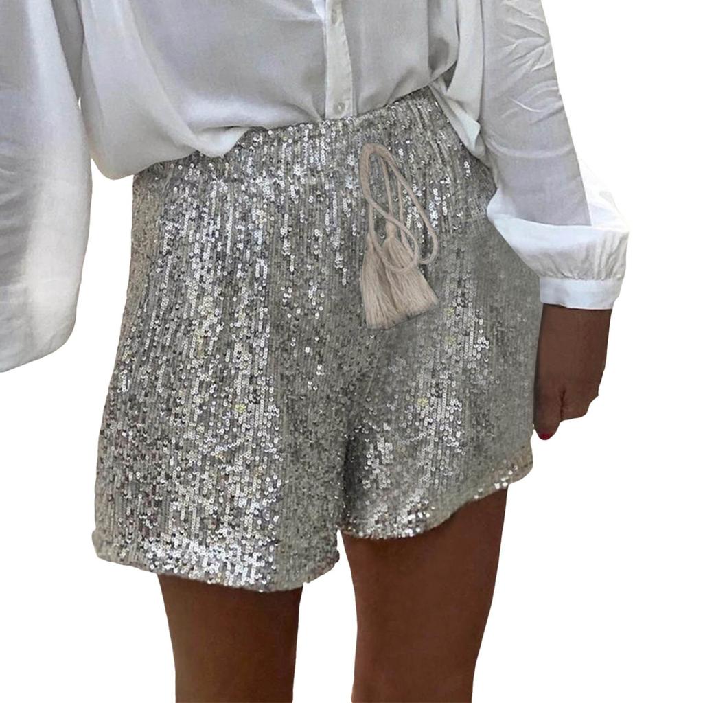 Women Summer Sequined Shorts High Waist Casual Loose A Line Shorts Shiny Clubwear Night Out Shorts Silver Black Shorts