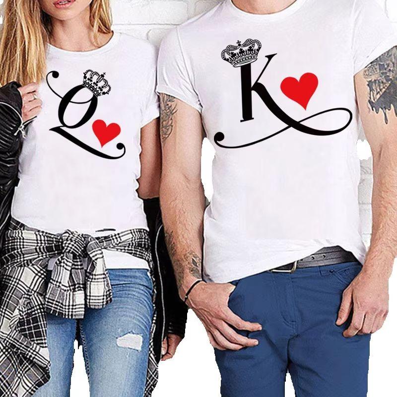 Polyester 100% New KING QUEEN Printed Short-sleeved Casual Couple T-shirt for Couples Women Clothing Graphic Aesthetic Summer