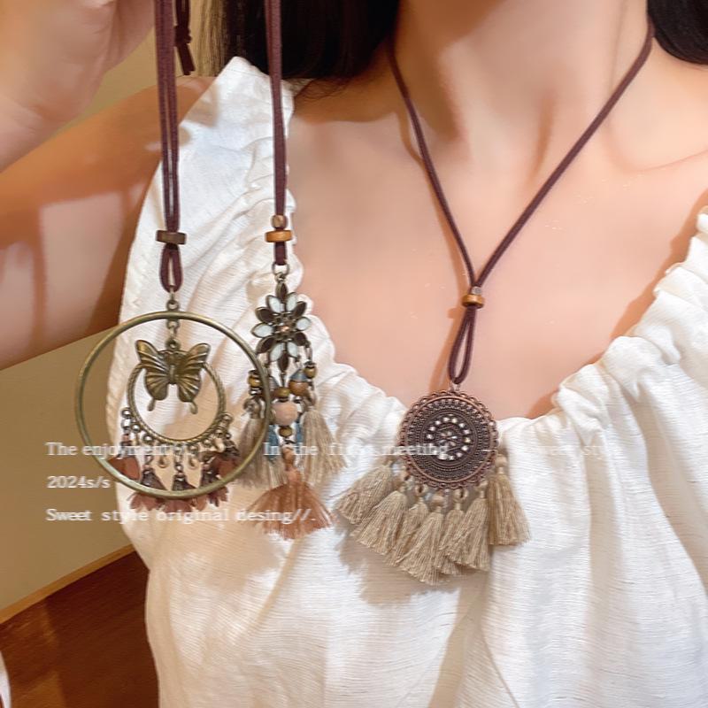 Bohemian Coffee-Colored Retro Tassel Necklace with Butterfly Pendant