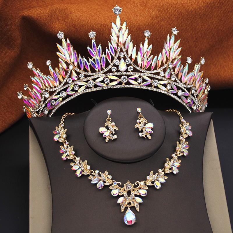Green Bridal Jewelry Sets for Women Wedding Crown Girls Tiaras and Necklace Earrings Bride Party Costume Jewelry Accessories