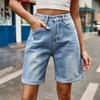 Summer Women Denim Shorts Mid Waisted Knee Length Stretchy Casual Wide Straight Leg Distressed Cuffed Jeans Short Pants with Pockets