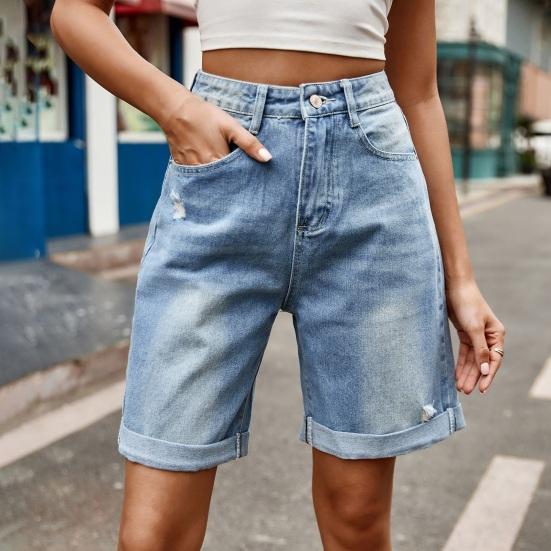 Summer Women Denim Shorts Mid Waisted Knee Length Stretchy Casual Wide Straight Leg Distressed Cuffed Jeans Short Pants with Pockets