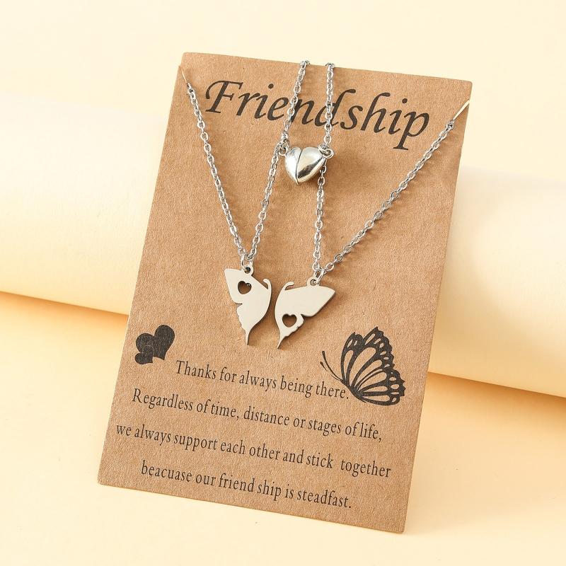 2Pcs Stainless Steel for Butterfly Pendant Necklace European American Personality Friendship Card Heart-shaped Necklace