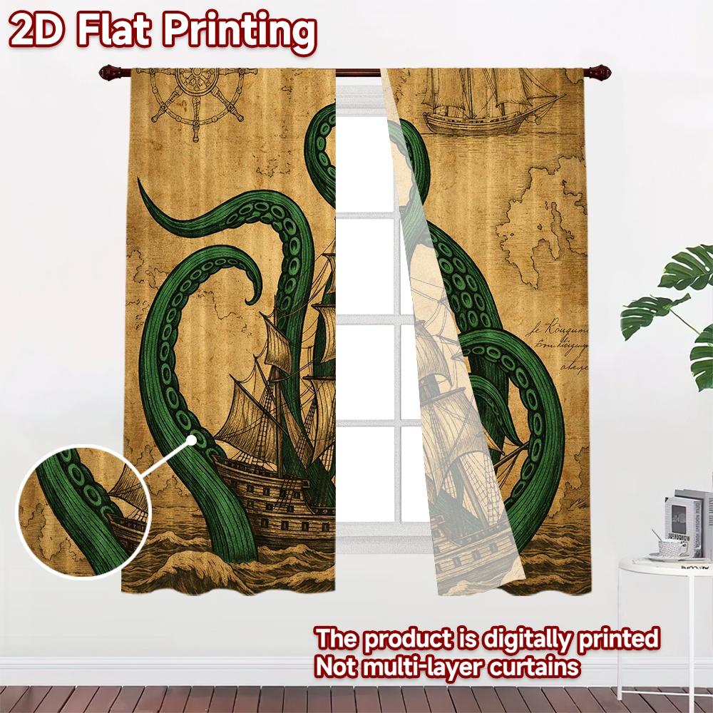 2D FLAT PRINTING 2pcs Curtains (Without Rod) Ship vs Sea Monster Pattern Modern Curtains Durable 100% Polyester Fabric Curtains