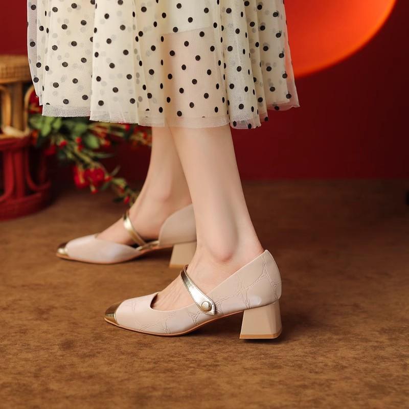 Square Toe French Mary Jane 2025 Spring Summer Block Heel Single Shoes One Strap High Heel Shoes for Women