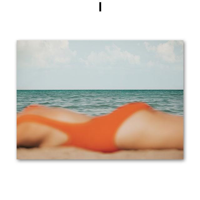 Sea Bathing Beach Girl Fruit Juice Nordic Landscape Posters Wall Art Canvas Painting Hotel Gallery Pictures Of Living Room Decor