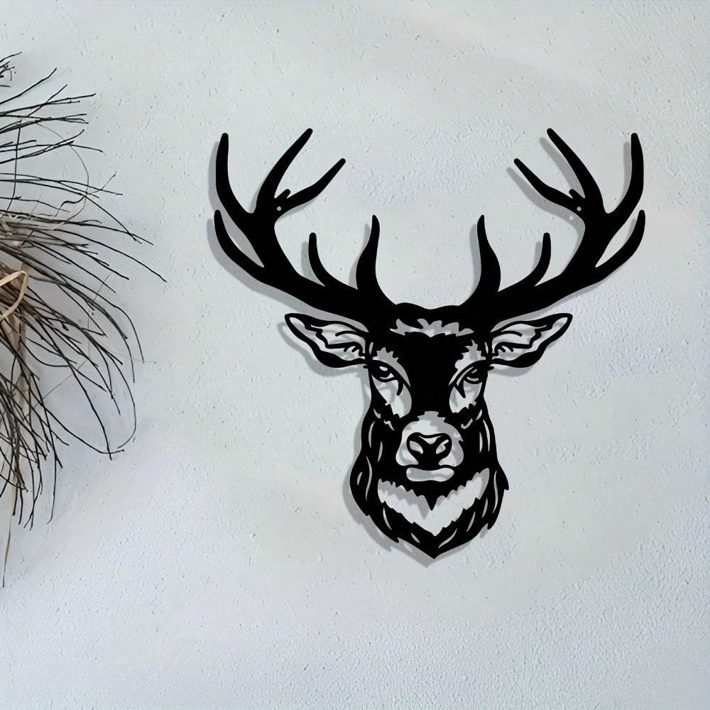 2D Flat Abstract Deer Metal Wall Art, Modern Black Silhouette with Rustic Wood Background for Home Decor