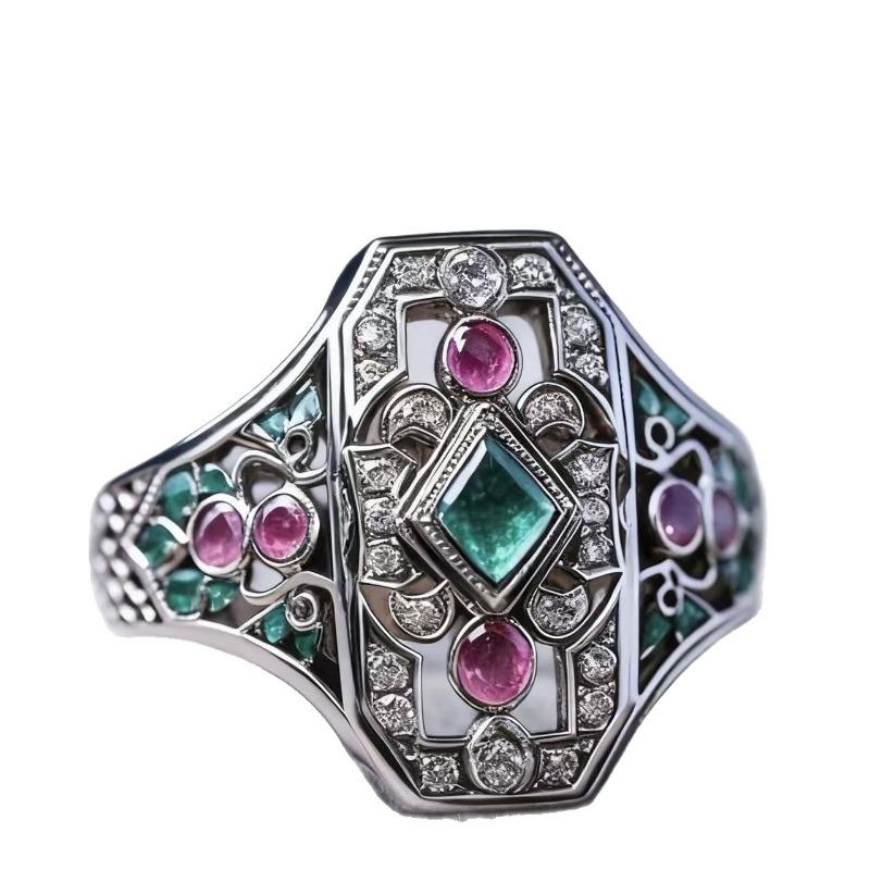 Environmentally Friendly Alloy Ring Inlaid with Red and Green Colored Diamond Jewelry, Palace Style Luxury Women's Diamond Ring