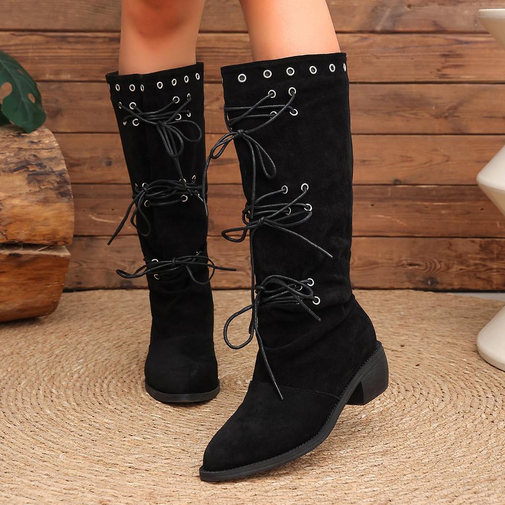 Black matte medium tube boots women's lace-up medium heel elastic boots autumn and winter new European and American large size women's leather boots