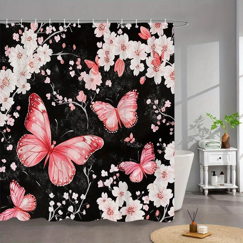1pc Japanese Ukiyo-e Inspired Cherry Blossom & Pink Butterflies Shower Curtain - Black Background Whimsical Nature Art, W90xH180cm