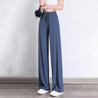 Women Pants Elastic High Waist Adjustable Drawstring Casual Trousers Solid Color Loose Fit Wide Leg Summer Thin Long Pants
