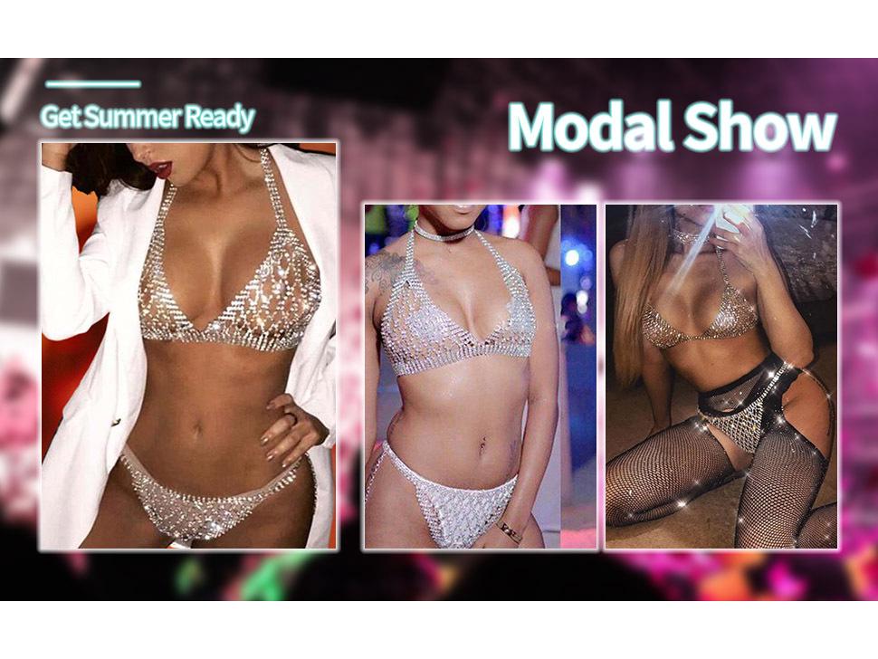 Lanț de piept bikini cu strasuri exagerate și set de lenjerie pentru cluburi de noapte