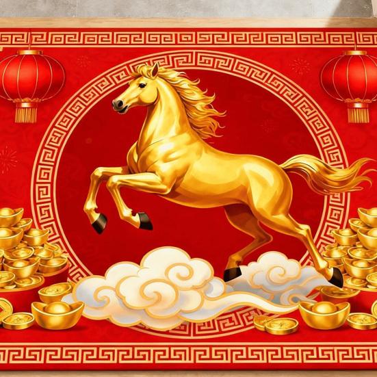 New Year Horse Doormat 2026 Year of The Horse Floor Mat Red Chinese Style Absorbent Anti-Slip Rug for Home Entrance Kitchen Spring Festival Decor
