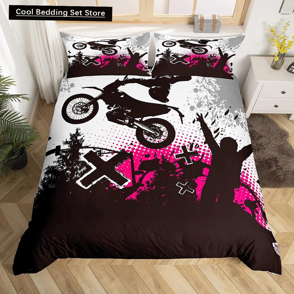 Dirt Bike King Queen Duvet Cover Motocross Sports Bedding Set Motorcycle Quilt Cover Youth Cool Black White Soft Comforter Cover